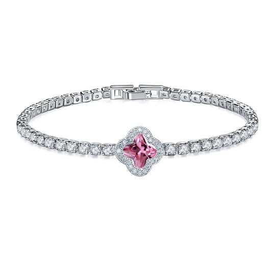 Diamond Clover Tennis Bracelet - Pink