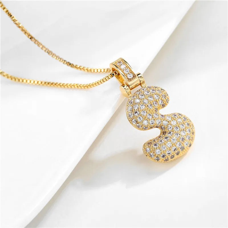 Pave Bubble Initial Necklace - Gold
