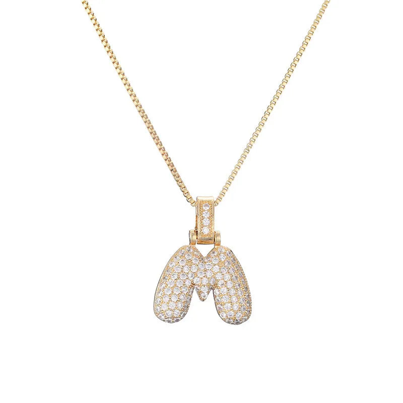 Pave Bubble Initial Necklace - Gold